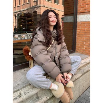 咖色短款90白鴨絨羽絨服女冬2024新款韓版小個子肯豆風面包服外套