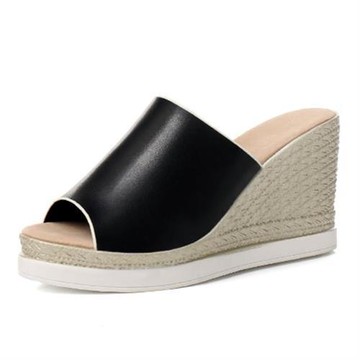 【Taroko】素色雅致魚嘴厚底草編坡跟女涼拖鞋(3色全尺碼)