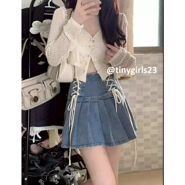 【太妮絲F381】現貨 女團學妹~綁帶牛仔裙 百褶裙 短裙 裙子 牛仔短裙 鞋帶綁法 特色款