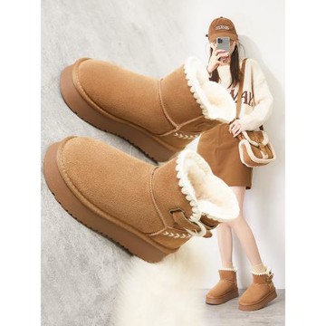 厚底皮毛一體雪地靴女款2025新款冬季加絨加厚保暖東北增高棉鞋女