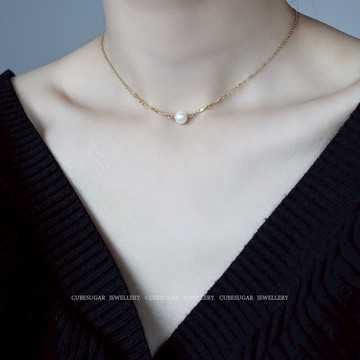 美國14K包金天然淡水珍珠項鏈簡約氣質溫婉百搭精致溫柔鎖骨鏈1入