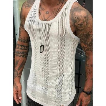 歐美新款男裝夏季性感鏤空無袖針織背心白色透氣網眼運動訓練上衣