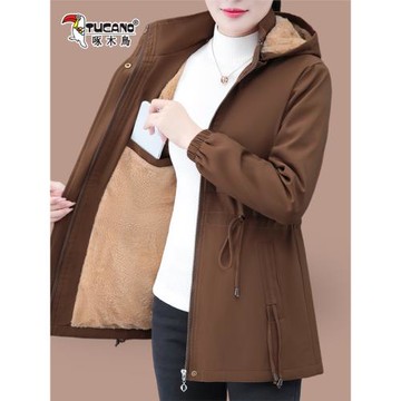 啄木鳥加絨外套女士2025秋冬新款中年媽媽休閑寬松中長款連帽風衣