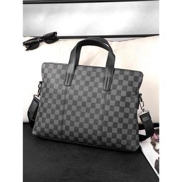 歐美男包格子手提包商務休閑單肩包橫款電腦公文包新款皮質文件包