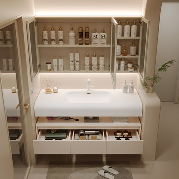 ??快速出貨 可開發票 新款奶油風可麗耐膚感一體盆浴室柜衛生間洗漱臺洗手洗臉盆柜組合