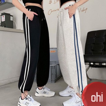 【ohi】束腳休閒運動褲 女生韓風側邊條紋寬鬆運動褲 束腳直筒顯瘦長褲 女生休閒褲 新款韓版條紋百搭衛褲GPD20