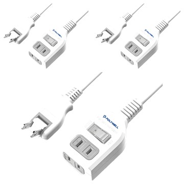 POLYWELL 寶利威爾 2P一切2座電源延長線 帶開關2插座  白色  3條  0.9m