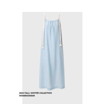 拉夏貝爾淺灰藍織帶連衣裙2025新款時尚寬松一字領慵懶度假風裙子