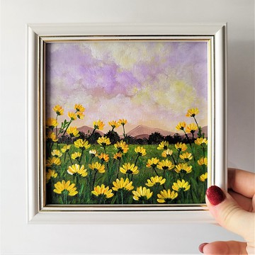 黃雛菊日落場牆飾壓克力山水畫
