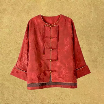 【丹秋】新中式復古/香云紗提花暗紋對襟紅色圓領上衣外套