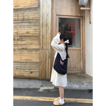 韓系包包2025新款托特包波點帆布包少女單肩斜挎包學生百搭通勤包