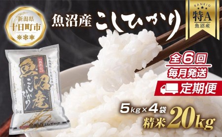 新潟県 魚沼産 コシヒカリ お米 20kg×計6回 精米済み 半年間 毎月発送 こしひかり（お米の美味しい炊き方ガイド付き）