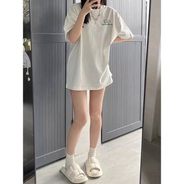 重磅純棉白色短袖t恤女2025新款爆款夏季寬松中長款半袖體恤上衣