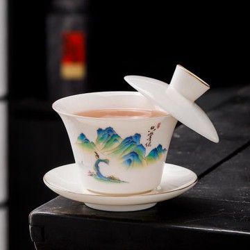 羊脂玉懸停懸浮蓋碗三才蓋碗茶具防燙陶瓷泡茶碗手工高檔帶蓋批發