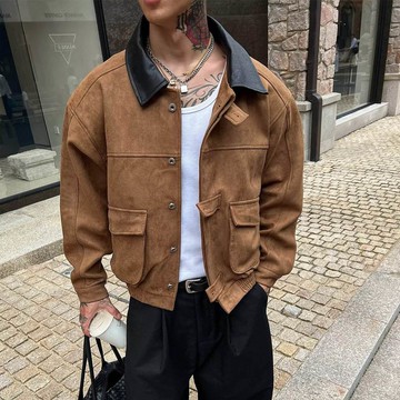美式復古短版麂皮翻領夾克男潮秋冬季松加厚休閒外套男