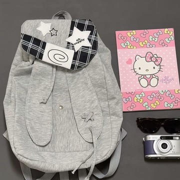 【Darling】高顏值兔子耳朵翻蓋束口雙肩包大容量拼接出遊揹包通勤書包