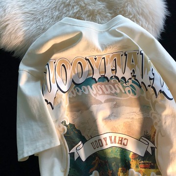 歐美高街vintage風景印花短袖t恤男女夏季寬松ins潮牌炸街上衣潮