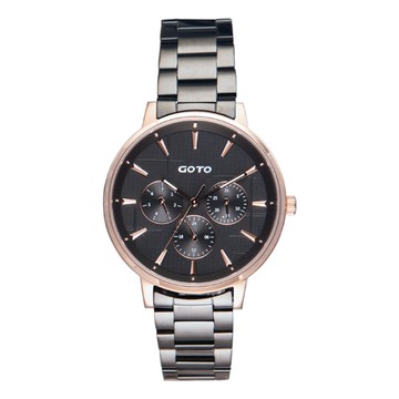 GOTO手錶Nostalgia懷舊系列- 壓花玻璃-十字花-女-玫黑（黑） _廠商直送