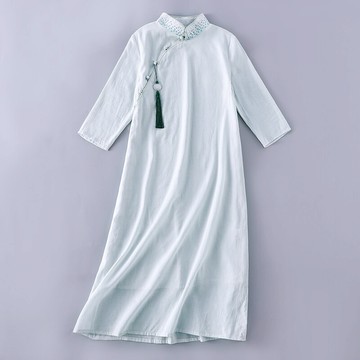 新款復古文藝女裝苧麻改良旗袍連衣裙禪意茶服日常款長裙