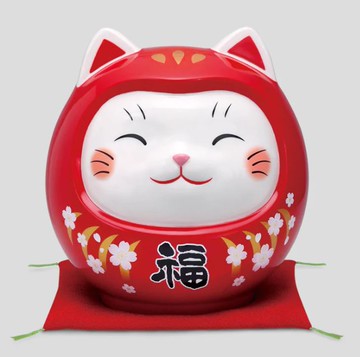 日本製【薬師窯】瀨戶純手工彩繪開運達摩貓(櫻紅福、特大)(存錢筒)Ykcat-7806