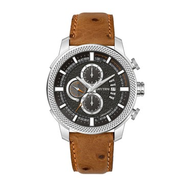 RHYTHM日本麗聲鐘 商務型男品味三眼石英腕錶-黑/真皮錶帶