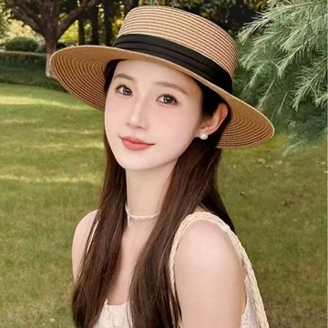 現貨🏆隔日到貨 織帶編織草帽 海邊帽子 法式平頂草帽 平頂帽 遮陽禮帽 沙灘帽  草帽 遮陽 防曬帽 高顏值帽子