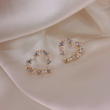 s925針韓版桃心耳環珍珠愛心耳釘女復古法式新品耳飾耳針