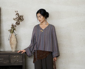 【素雅禪意】新中式復古藏風 細條紋/棉麻肌理上衣