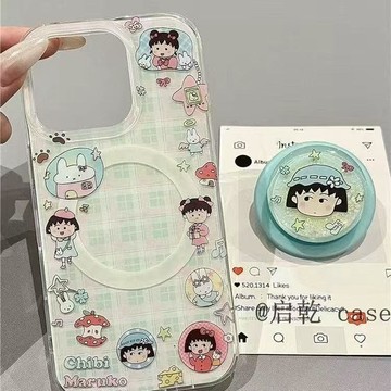 imd格紋小丸子流沙磁吸支架蘋果16手機殼15pro/13iPhone14爆款