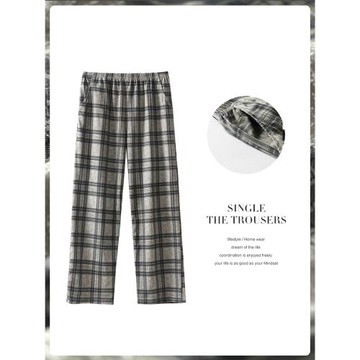 格子女春秋薄款可外穿全棉睡褲