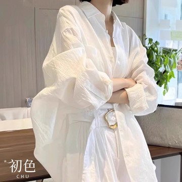 初色 翻領純色輕薄寬鬆防曬遮陽長袖襯衫上衣-白色-33774(M-2XL可選)