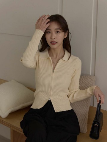 雙拉鍊彈性小領針織