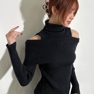 一字高領假兩件針織毛衣-黑【KT224750】