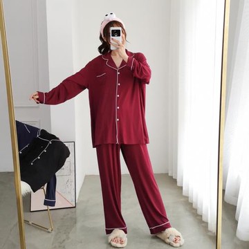 簡約莫代爾開衫睡衣女加大碼秋季長袖長褲寬松胖MM200斤家居服女