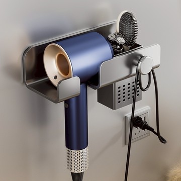 免釘膠．吹風機架．灰｜筒掛型太空鋁吹風機架 附無痕安裝包 免鑽孔 dyson吹風機適用 吹風機收納 浴室吹風機架