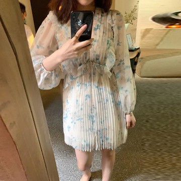 高級感百褶氣質印花連衣裙女2025年夏季韓版雪紡仙女溫柔a字裙子