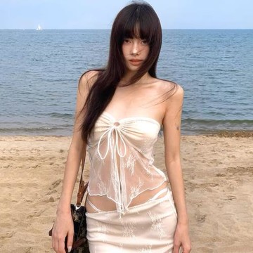 泰國小眾高級感蕾絲抹胸分體比基尼度假性感顯瘦長裙泡溫泉泳衣女