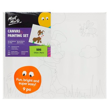 Mont Marte 蒙瑪特 10件組 畫布含指引線 5 x 12ml 壓克力顏料 銀色亮粉膠  壓克力繪畫套組 小狗 黑色 + 白色