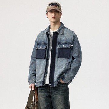 [米蘭精品] 牛仔外套丹寧夾克-復古撞色口袋牛仔男外套74iz9