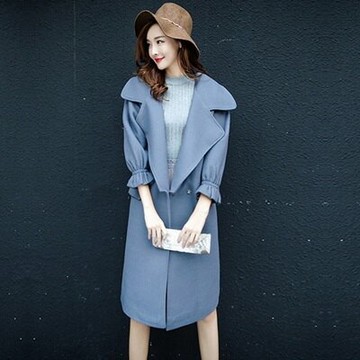 毛呢大衣長版風衣外套-時尚翻領個性七分袖女外套4色73ki11【獨家進口】【米蘭精品】