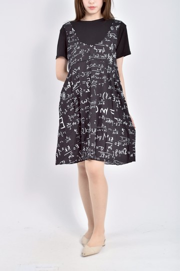 加購優惠(M) 短袖滿版印花黑色洋裝