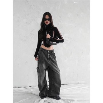 春季廓形牛仔工裝褲女外貿韓國尾單時尚高腰寬松大口袋休閑闊腿褲