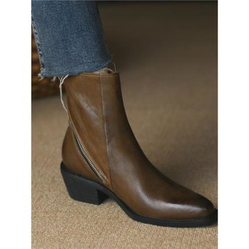 皮鞋女真皮軟短靴女中跟2025年新款秋冬尖頭靴子法式粗跟馬丁靴女