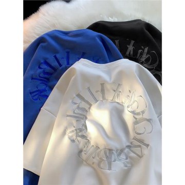 美式320g重磅t恤男潮牌刺繡麂皮絨短袖夏季痞帥小領口情侶裝體恤