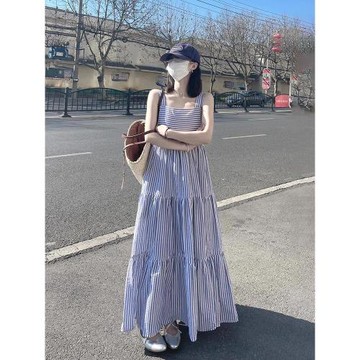 條紋無袖連衣裙女夏季法式條紋吊帶寬松休閑海邊度假仙女裙