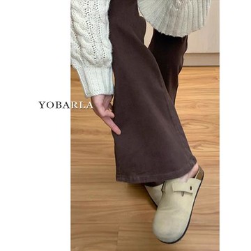 咖啡色微喇牛仔褲女冬季加絨大碼胖mm彈力顯瘦梨形身材九分喇叭褲