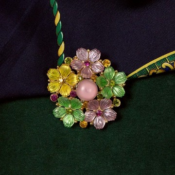 美國古董 黃綠粉嫩彩花園 鑲萊茵石 鍍金胸針