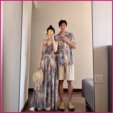 法式情侶裝夏季度假風沙灘海邊吊帶女洋裝2025夏季新款休閒襯衫 IJKP