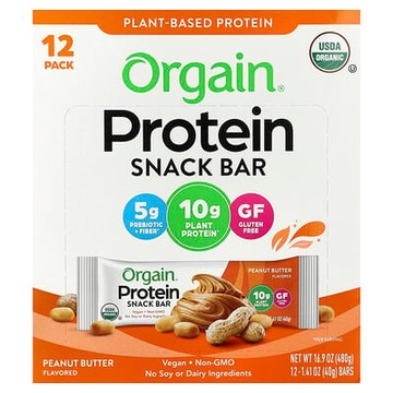 Orgain, 有機植物蛋白棒，花生醬，12 條，每條 1.41 盎司（40 克）