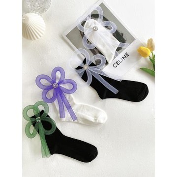 韓國原創手工黑色鉆石花朵中筒襪春秋純棉白色時裝堆堆皮鞋襪子女